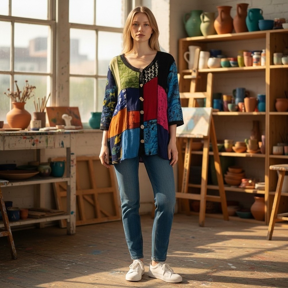 La Cera Patchwork Blouse 1X Multicolor Boho Lagenlook Colorblock Button Front
